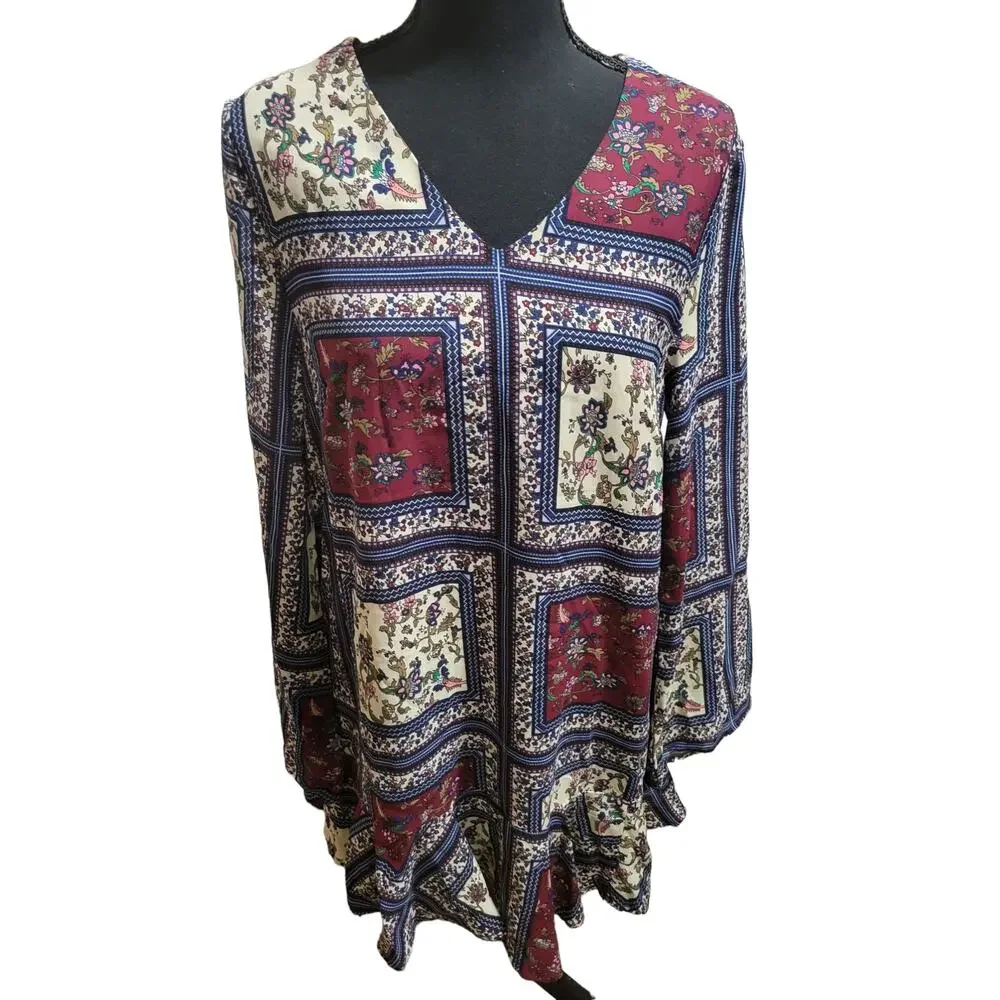 Lulu's Cream and Plum Multi Print Long Sleeve Shift Mini Dress, Sz S - NWT - Picture 2 of 13